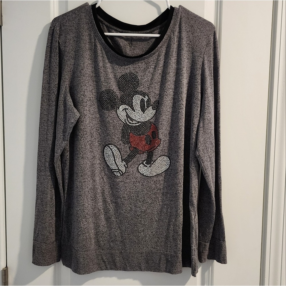 Disney Mickey Mouse Sequin Long Sleeve T-Shirt Grey Heather Casual Loungewear